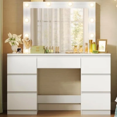 Immagine di WOLTU Toeletta da Trucco con Specchio e Luci LED, Luminosità Regolabile, Tavolo 7 Cassetti, Postazione Make Up 110x39,5x140,5cm, Cassettiera in Legno, Bianco, MB6099ws