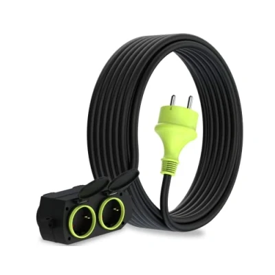 Immagine di MutecPower 10m cavo di prolunga con 4 prese Schuko per uso esterno IP44 H05RR F3G 1,5mm² a vie contatti protezione in gomma da 10 metri nero/verde