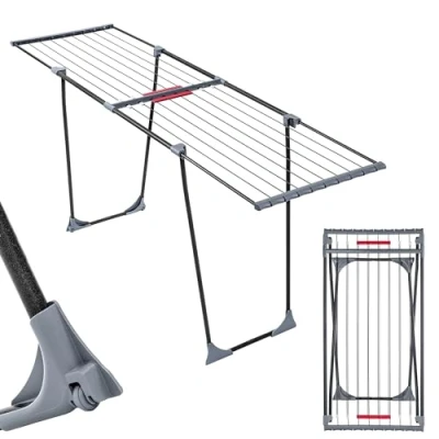 Immagine di KADAX Stendibiancheria Estensibile in Acciaio, Stendino Allungabile e Pieghevole da Pavimento con Piedi Antiscivolo per Utilizzo Interno ed Esterno (Nero)