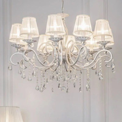 Immagine di MAYTONI DECORATIVE LIGHTING Elegante Lampadario pendente da Soffitto, 10 luci, Altezza Regolabile, Design Shabby Chic, Metallo bianco, Paralume in Tessutto per lampadine E14 40w non incl