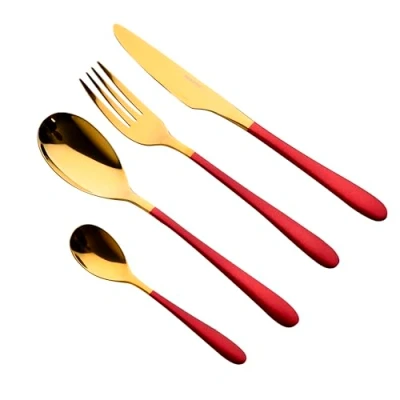 Immagine di BERGNER Munich Set di Posate in Acciaio Inossidabile 16 Pezzi Colore Rosso e Oro Manici Ergonomici Lavaggio Facile anche Lavastoviglie Rifinitura Metallizzata