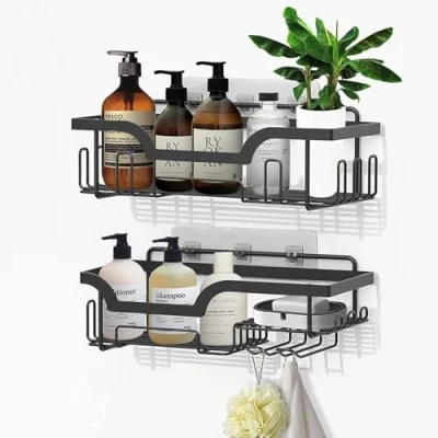 Immagine di Honsdom Mensola Doccia Senza Foratura in Set da 2, Porta Sapone Adesivo con Ganci, Mensole Bagno per Rasoi, Shampoo, Bagnoschiuma (Nero)
