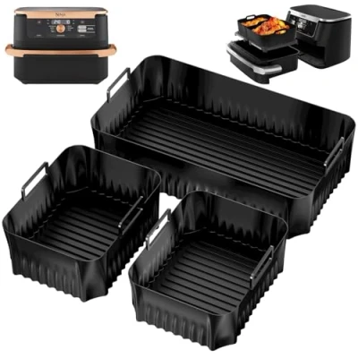 Immagine di Chiluxendo 3 Pezzo Cestino per Friggitrice ad Aria, Riutilizzabile Teglia in Silicone Rettangolare Air Fryer Contenitori Accessori, Cestello Airfryer, Microonde, Forno