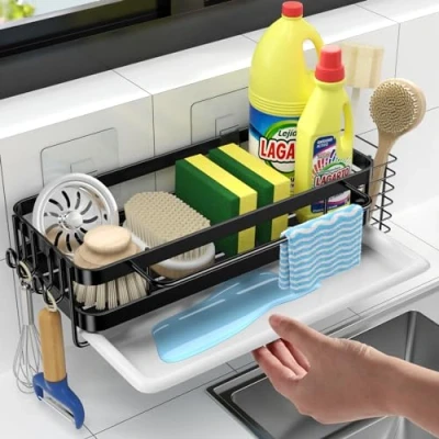 Immagine di GBLAVM porta Spugne lavello Cucina con vaschetta di drenaggio, Organizzatore da appeso, spugna cucina, per in acciaio inox asciugamani e gancio