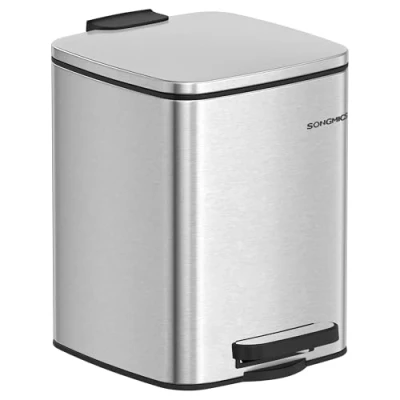 Immagine di SONGMICS Pattumiera da Bagno, Cestino della Spazzatura Compatto 6L, a Pedale, per Piccolo Spazio, con Coperchio Chiusura Morbida, in Acciaio, Argento Metallizzato LTB590E02