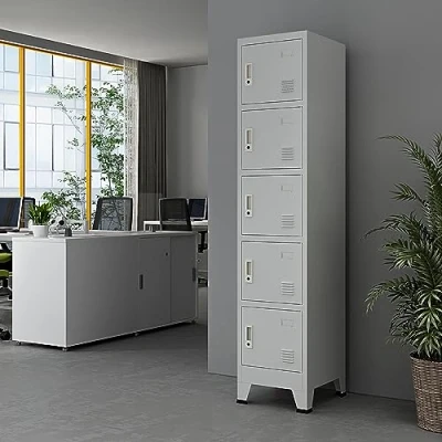 Immagine di [en.casa] Armadio Spogliatoio Mobile a Colonna in Acciaio 180 x 38 45 cm Scomparti con 5 Ante Chiusura Chiave e Targhetta Grigio