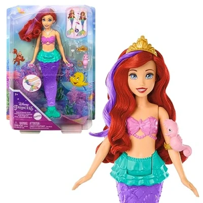 Immagine di Mattel Disney Princess Ariel Principessa dei Mari, bambola sirena con capelli e coda che cambiano colore in acqua, mobile per nuotare, giocattolo bambini, 3+ anni, HPD43