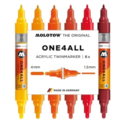 Immagine di Molotow One4All Acrylic Twin Marker Hot Set (1,5 e 4,0 mm di spessore, altamente coprente permanente, ad asciugatura rapida, ricaricabile, per quasi tutte le superficie), 6 pezzi assortiti