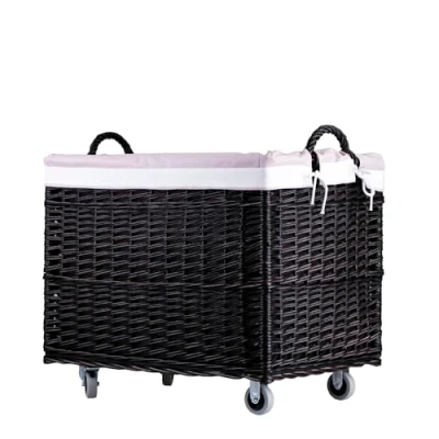 Immagine di e wicker24 contenitore portabiancheria rettangolare, cestino in vimini con ruote fodera tessuto, vimini, cestino, scatola (marrone/rosa)