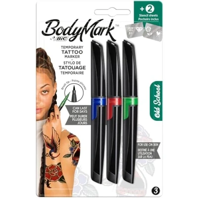 Immagine di Bodymark By Bic Set di 3 pennarelli e stencil per tatuaggi temporanei, kit in stile Old School, colori assortiti, confezione da 3+2