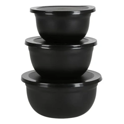 Immagine di Spetebo set di 3 ciotole in acciaio inox con coperchio, colore nero, 18/16/14,5 cm, metallo richiudibile, per insalata, insalatiera,