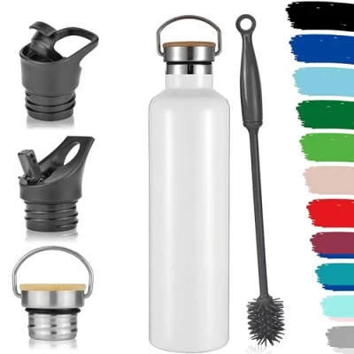 Immagine di Milu borraccia in acciaio inox, 350 ml, 500 750 1000 ml (+3 coperchio), thermos con cannuccia, isolata, a prova di perdite, doppia parete (Bianco, 1000ml)