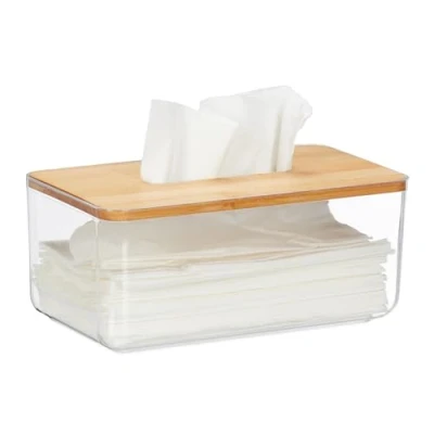 Immagine di Relaxdays Contenitore per Fazzoletti, Coperchio in bambù, Dispenser Portafazzoletti, 10x23,5x13 cm, Trasparente Naturale, Plastica