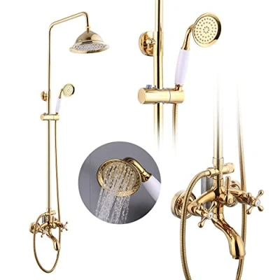 Immagine di set doccia anticato, sistema a pioggia, rubinetto, doccetta in stile retrò, nostalgico, moderno, parete, miscelatore con soffione rotondo, oro
