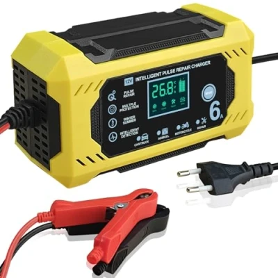 Immagine di Caricabatterie per auto intelligente da 12V 6A completamente automatico con touch screen LCD, rilevamento automatico, riparazione, manutenzione e protezioni multiple piombo acido/AGM/Gel