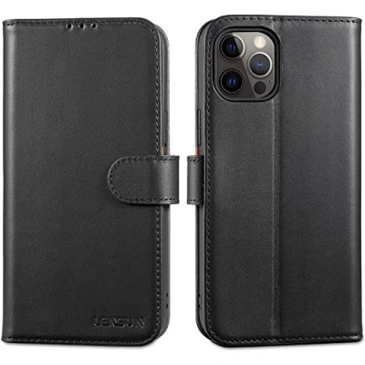 Immagine di Lensun Custodia per iPhone 12 Pro Max, Cover in Vera Pelle [RFID Blocking] Libro con Portafoglio Chiusura Magnetico Flip Custodie Cuoio Telefono Max Nero