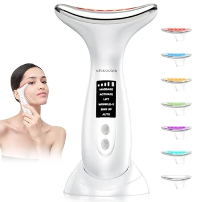 Immagine di Massaggiatore Viso Elettrico Lifting Antirughe: 6 Modalità Face Massager 7 Colori LED EMS Microcorrente Massaggio Dispositivo di Bellezza 45 ℃ Terapia Della Luce Per Rassodante Facial Collo e Mento