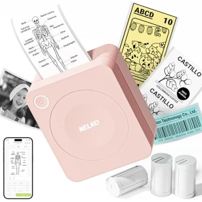 Immagine di Nelko stampante per adesivi, PM230 Print Pod mini Bluetooth Portabel Sticker Maker con 3 rotoli di carta, più modelli telefono e tablet, rosa