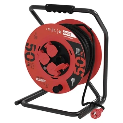Immagine di EMOS P19221 Avvolgicavo 50m 4 Prese Schuko Impermeabile, Urti, Resistente alle temperature 230 V, 15 A, 3500 W Isolamento in gomma H05RR F 2,5 mm2 IP44 per Esterni, Grigio, Blu, Nero