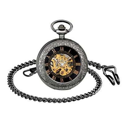 Immagine di MICGIGI orologio da taschino unisex meccanico a carica manuale, analogico, con lente d&#039;ingrandimento, catena, Classico