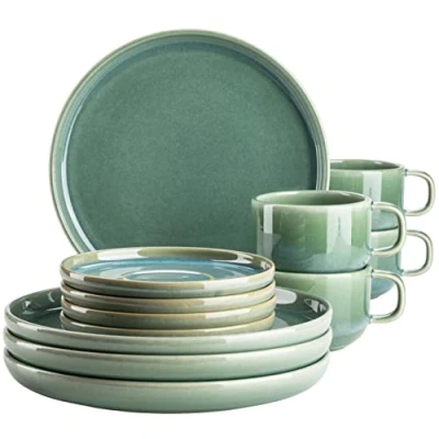 Immagine di MÄSER Serie Elina Uno, set di stoviglie da caffè moderno con effetto irregolare per 4 persone, piatti piani e fondi, servizio 12 pezzi, gres porcellanato, spiaggia