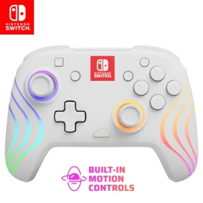 Immagine di PDP Afterglow Wave Wireless Pro Controller with Full Motion for Nintendo Switch, Switch OLED Model, 8 RGB LED Lighting Zones, 30 Foot Range, 20 Hour Rechargeable Battery White
