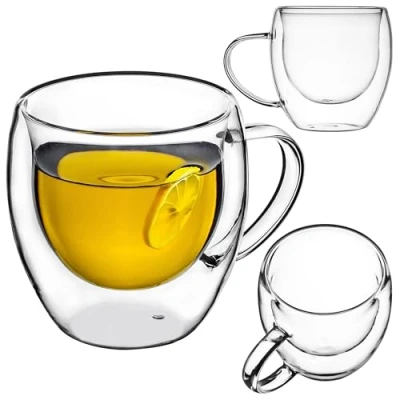 Immagine di KADAX Tazza in vetro a doppia parete, da 250 ml, con manico largo, per succhi di frutta, tè, caffè, cappuccino, acqua, tè freddo, gelato, universale, (1)