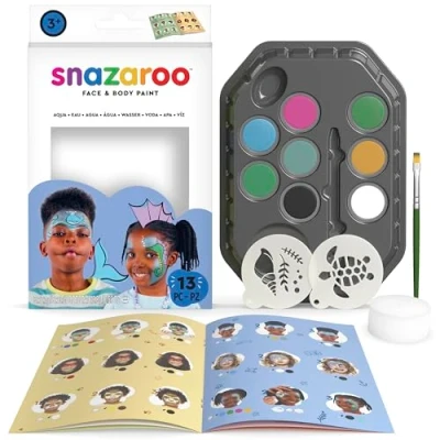 Immagine di Snazaroo 1172191 Set per il trucco &quot;Acqua&quot;, delicato sulla pelle a base d&#039;acqua, 7 colori trucco, 1 pennello spugna, 2 modelli e istruzioni passo