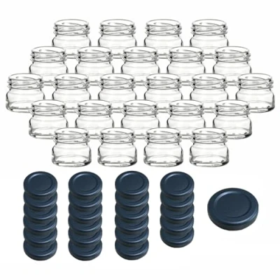 Immagine di gouveo Set di 24 vasetti per conserve 30 ml mini con coperchio a vite nero tappo TO43 rotondi conserve, marmellata, spezie (EGR030SZ)