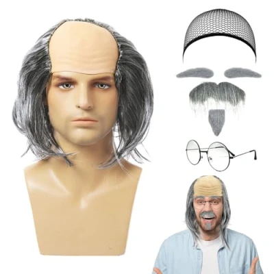 Immagine di UILYNIU 7 Pezzi Set Parrucca Semi Calva,Parrucca Nonno,Barba Finta,Sopracciglia,Occhiali,Berretto Parrucca,Parrucca Uomo,Parrucca Vecchio,Parrucca Professore,Parrucca Grigia (7 Pezzi)