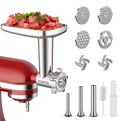 Immagine di COFUN Accessori per Tritacarne KitchenAid Robot da Cucina, con 4 Piastre di Macinazione in Acciaio Inossidabile, 3 Tubi Riempimento Salsicce