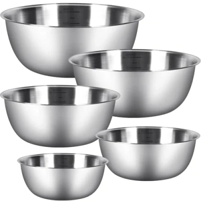 Immagine di Chuner Set di ciotole per miscelazione [5 pezzi] in acciaio inox, 5 misure (0,7 l/1,2 l/1,8 l/2,5 l/3,5 l), lavabili lavastoviglie, insalatiere, e