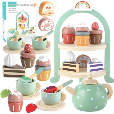 Immagine di GAGAKU, Set da tè in legno per bambini e bambine, con accessori cibo finto