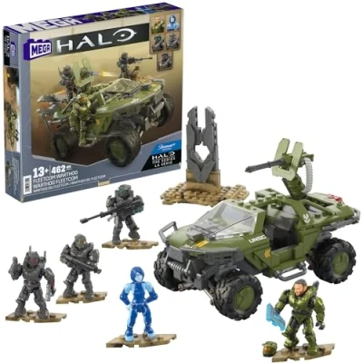 Immagine di MEGA Halo Warthog Fleetcom, set da costruire con 462 pezzi, veicolo fuoristrada 5 mini action figures incluse, collezionare ed esporre, giocattolo per bambini, 13+ anni, HNC57