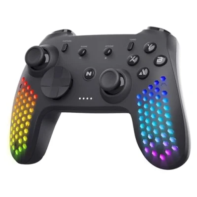 Immagine di NITHO Controller Wireless per PC/Switch/Android/iOS, Design Esagonale Gaming Joystick con Vibrazione, Sensori a 6 Assi, Luci LED RGB, Estensione Kit, Supporto Clip Regolabile Telefono