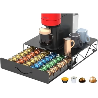 Immagine di porta cialde caffè in metallo per 48 capsule Nespresso Vertuo e Dolce Gusto, HFHOME Cassetto Vertuoline Supporto macchina da