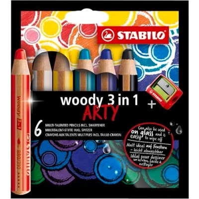 Immagine di Matita colorata Multi Funzione STABILO woody 3 in 1 ARTY Astuccio da 6 con Temperino Colori assortiti
