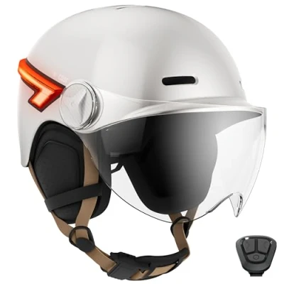 Immagine di CASR casco Glow, di protezione LED per mobilità urbana certificato EPI, crema, taglia L, visiera trasparente e staccabile, con lampeggianti, telecomando universale, misura regolabile