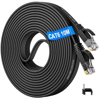 Immagine di Cavo Ethernet 10m, Cat 6 Lan 10 Metri Lungo Interner Piatto ad Alta Velocità 1000 Mbits, Gigabit di Rete Patch Nero Filo mt con Connettori RJ45 per Switch Router Modem