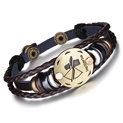 Immagine di Unendlich U Braccialetto con segni zodiacali, stile punk, per uomo e donna, in pelle intrecciata lega multistrato, 1 / 12 pezzi base metal, colore: Schütze(Sagittarius), cod. B2356 K