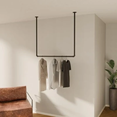 Immagine di pamo appendiabiti da soffitto in design industriale loft Hang Low per il bagno o l&#039;armadio come parete armadio I camera letto tubi robusti neri montaggio a