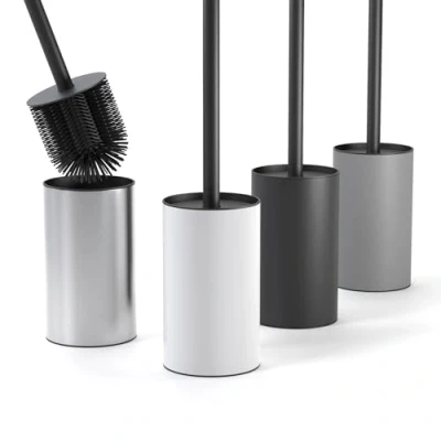 Immagine di SAVEGA Scopino per WC in silicone acciaio inox igienico con moderno portaspazzolino di design paraspruzzi Bianco