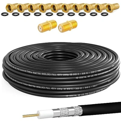 Immagine di HB DIGITAL cavo coassiale SAT HQ135 Pro, 20 m, con 2 connettori F + 10 spine placcati in oro, antenna satellitare a schermatura quadrupla per impianti DVB S/S2 C/C2 T/T2 DAB+Radio BK
