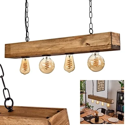 Immagine di lampada a sospensione Berat, allungata in metallo/legno nero/marrone scuro, moderna con trave legno, 4 x E27,senza lampadina/e