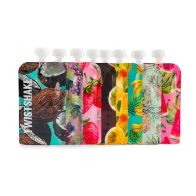 Immagine di Twistshake Sacchetti per Alimenti Bambini 220 ml Set di 8, Custodia Riutilizzabile, con Doppia Cerniera Svezzamento, senza BPA Lavabile, Sicura Congelatore Disegno Frutta