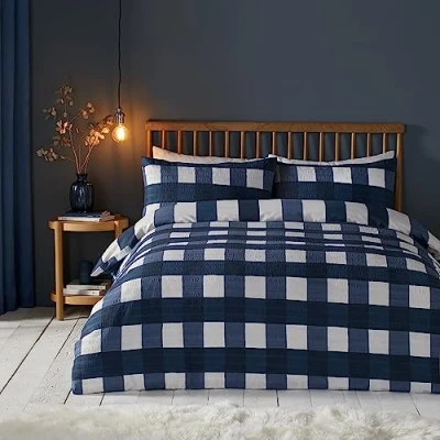 Immagine di Fusion Snug Set copripiumino in tessuto a quadretti spazzolato, per letto king size, colore: blu navy