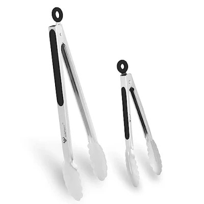 Immagine di WINPOST Set di pinze da cucina in acciaio inox, 21 cm e 34 cm, manico antiscivolo resistente al calore, ideali per cucinare, insalata, grigliare barbecue (21 + nero)