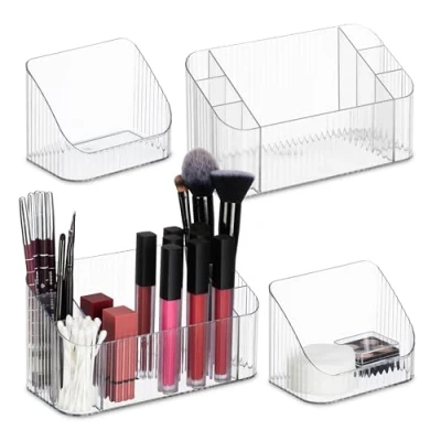 Immagine di Relaxdays Portatrucchi, Set da 2, Organizer Bagno, Contenitore Make Up e Rossetti, Porta Creme, Plastica, Trasparente, 8 Scomparti