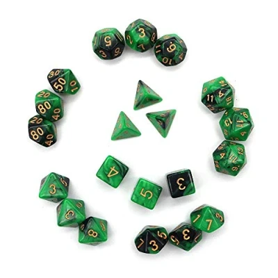 Immagine di Fasizi set di dadi poliedrici per giochi da tavolo, 3 x 7 (21 pezzi) serie D20 D12 D10 D8 D6 D4 DND RPG MTG, due colori (nero e verde)