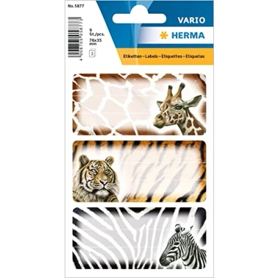 Immagine di HERMA 5877 Etichette per libri da scrivere con animali africani, 9 pezzi, 76 x 35 mm, autoadesive, a righe, scuola, bambini, ragazze, ragazzi, multicolore